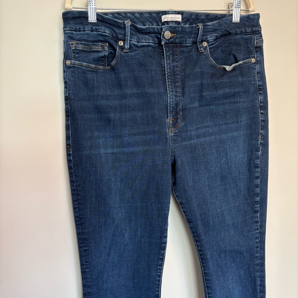 Good American High Rise Dark Wash Skinny Jeans Raw Hem size 18 - Picture 2 of 12